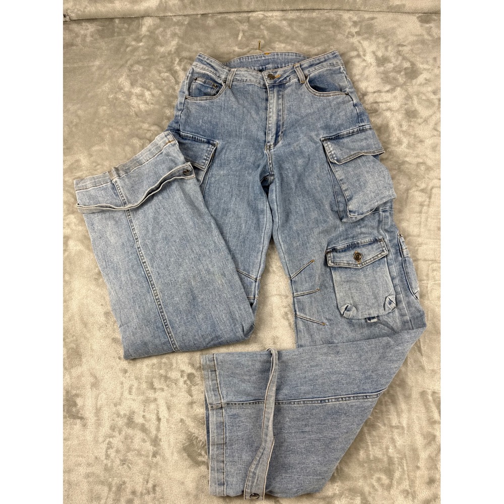 Blue Denim Cargo Pants‎ Light Wash Wide Leg Utility Jeans Streetwear Size S